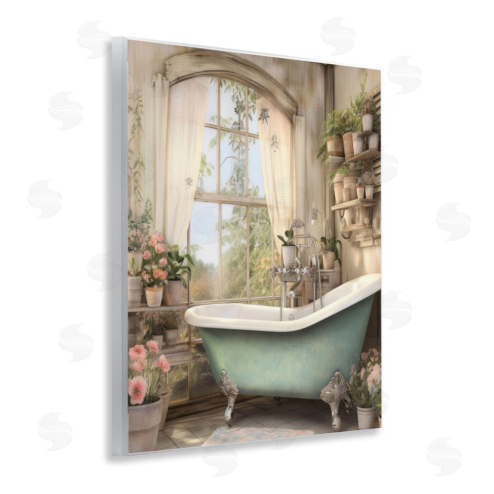 Lettered and Lined Bathroom with Floral Filled Shelves Wooden Wall Plaque Art Print