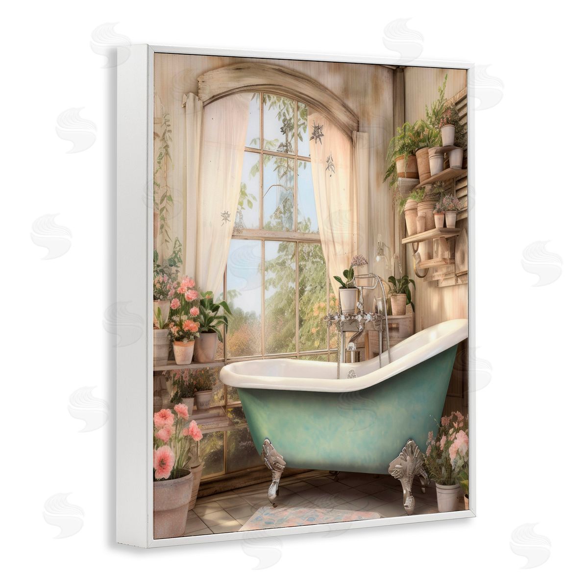 Lettered and Lined Bathroom with Floral Filled Shelves White Framed Giclee Print Wall Art