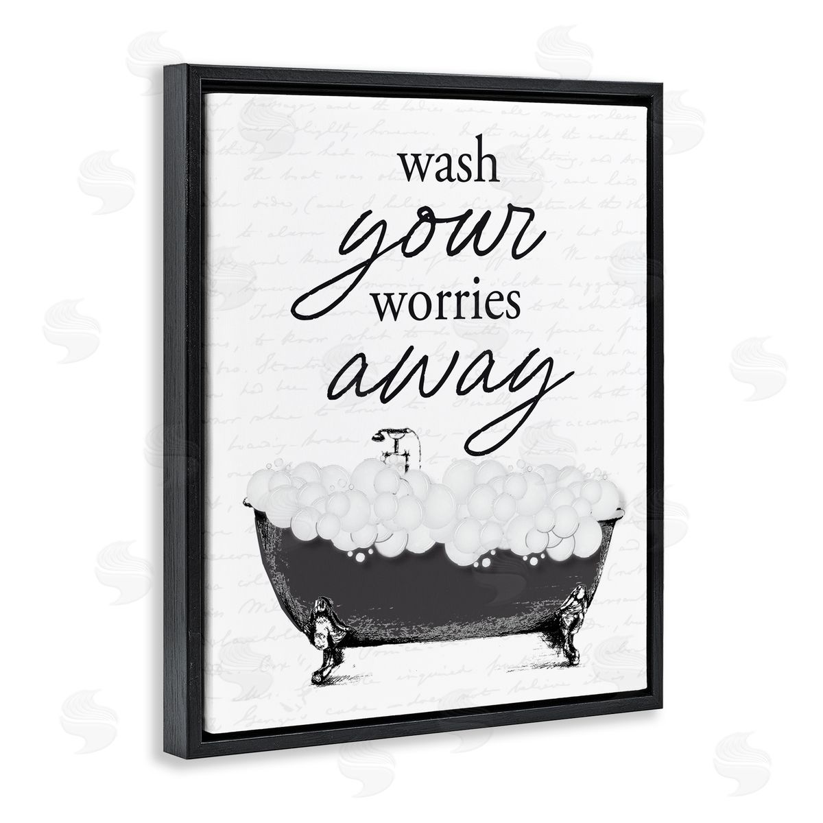 Lettered and Lined Bubble Bath Wash Worries Black Floating Frame Canvas Wall Art Print