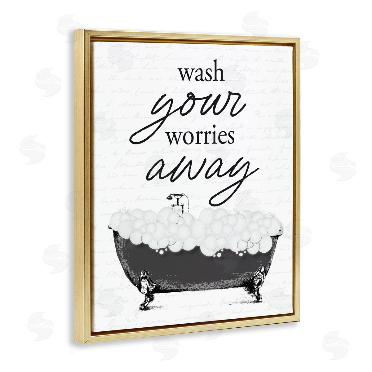Lettered and Lined Bubble Bath Wash Worries Gold Floating Frame Canvas Wall Art Print