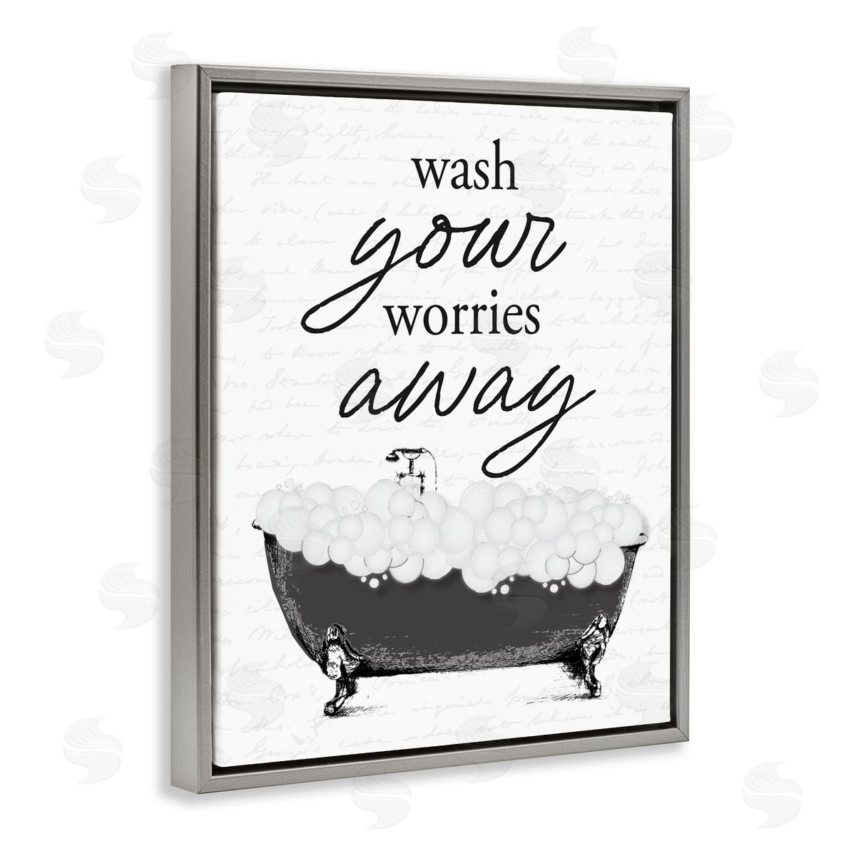 Lettered and Lined Bubble Bath Wash Worries Gray Floating Frame Canvas Wall Art Print