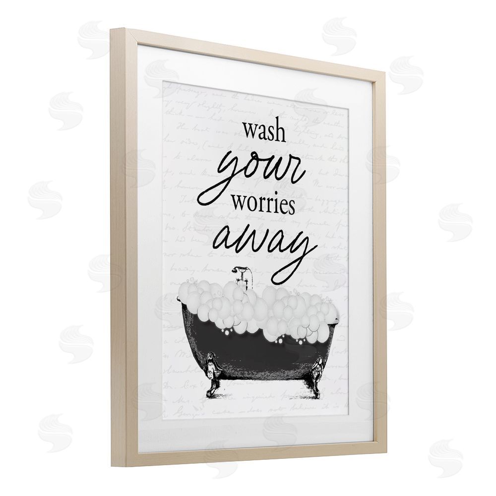 Lettered and Lined Bubble Bath Wash Worries Brown Framed Print Under Glass Wall Art