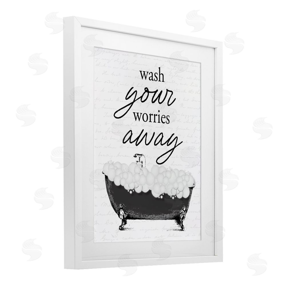 Lettered and Lined Bubble Bath Wash Worries White Framed Print Under Glass Wall Art