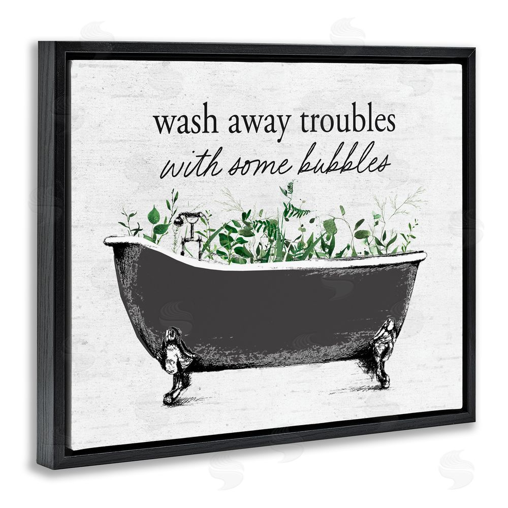Lettered and Lined Comforting Bubble Bath Quote Black Floating Frame Canvas Wall Art Print