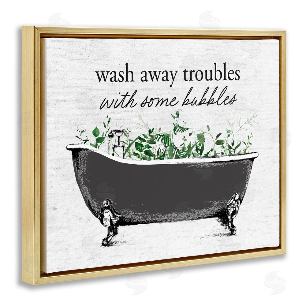 Lettered and Lined Comforting Bubble Bath Quote Gold Floating Frame Canvas Wall Art Print