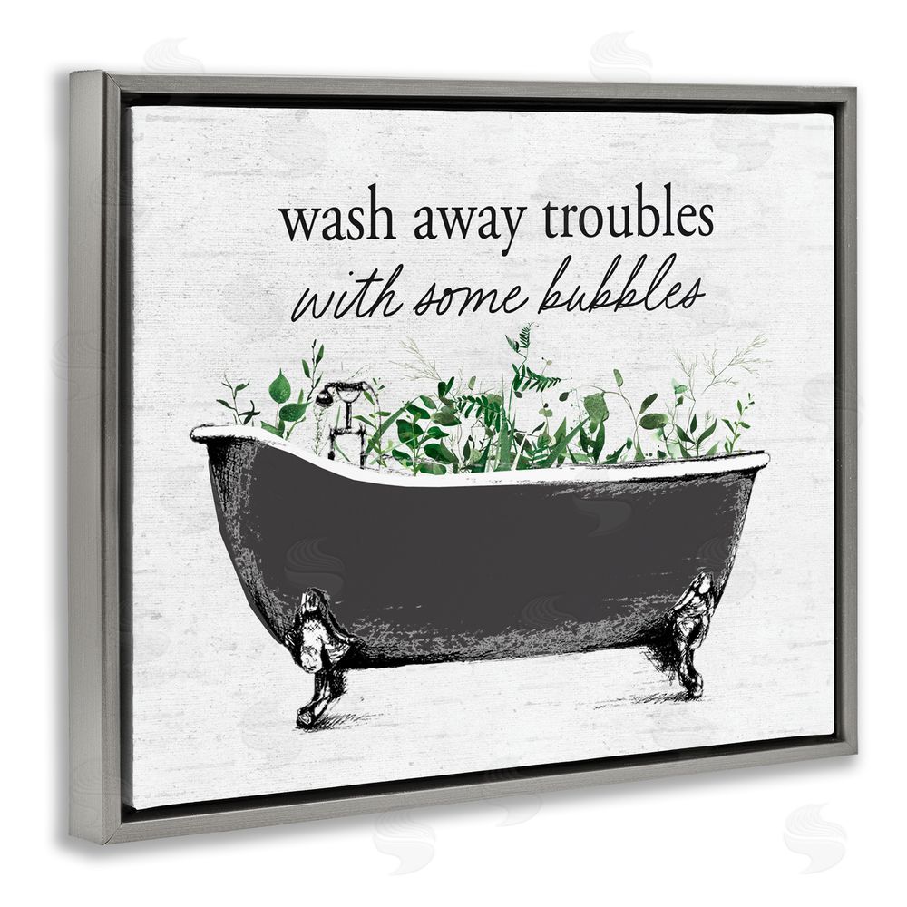 Lettered and Lined Comforting Bubble Bath Quote Gray Floating Frame Canvas Wall Art Print