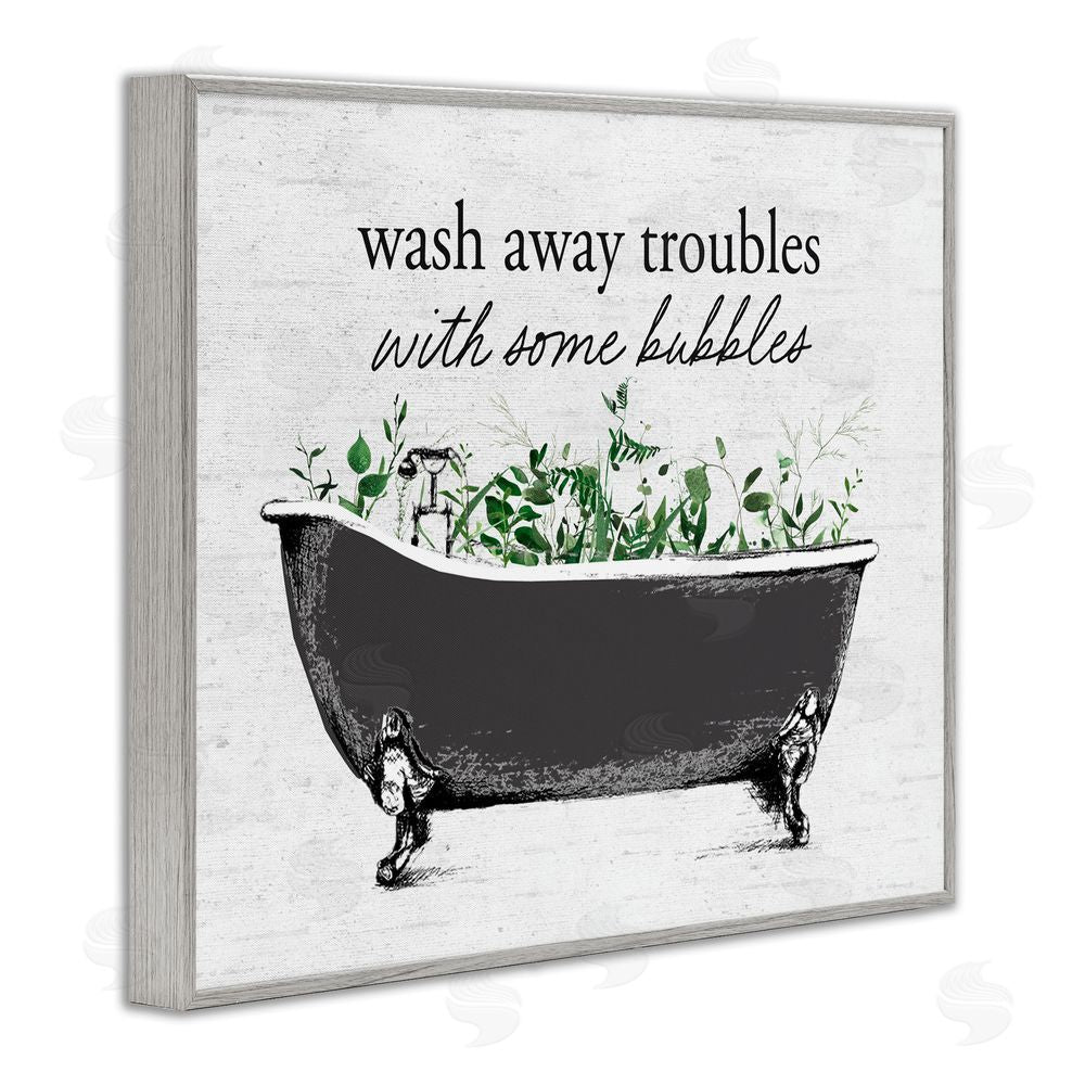 Lettered and Lined Comforting Bubble Bath Quote Gray Framed Giclee Print Wall Art