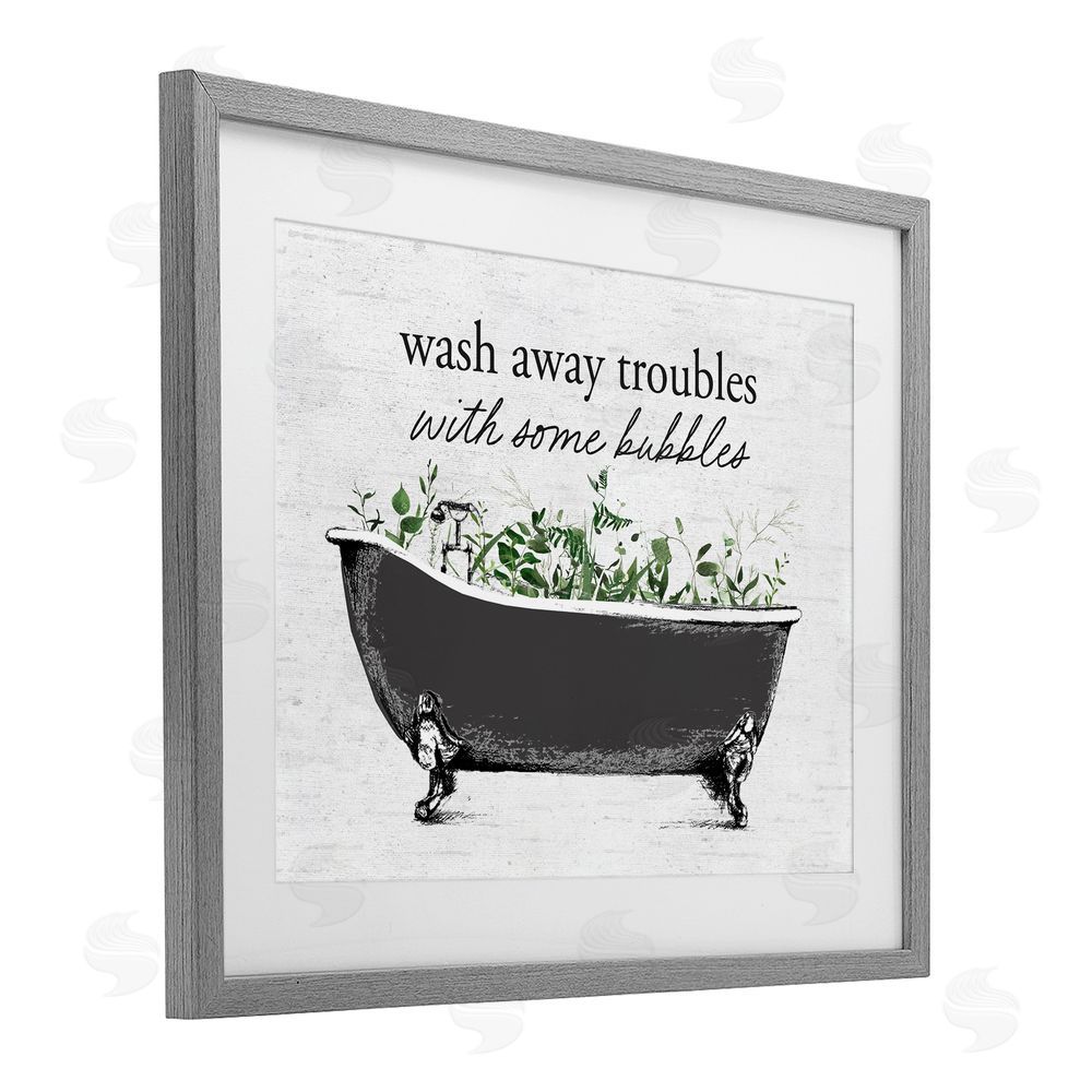 Lettered and Lined Comforting Bubble Bath Quote Gray Framed Print Under Glass Wall Art