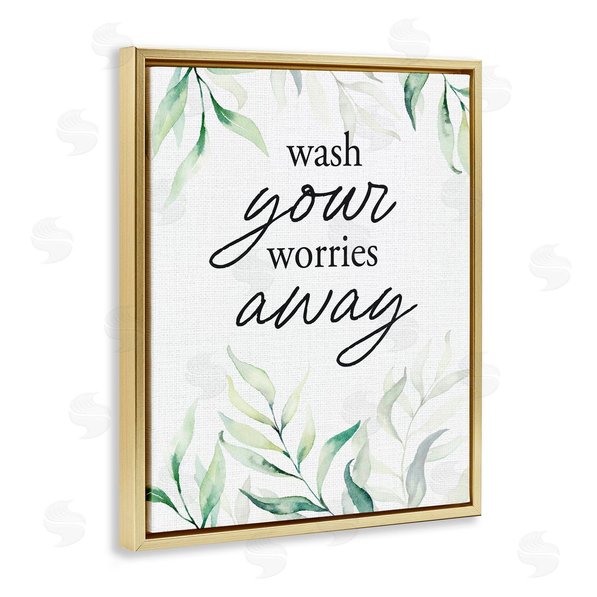 Lettered and Lined Wash Worries Away Leaves Gold Floating Frame Canvas Wall Art Print