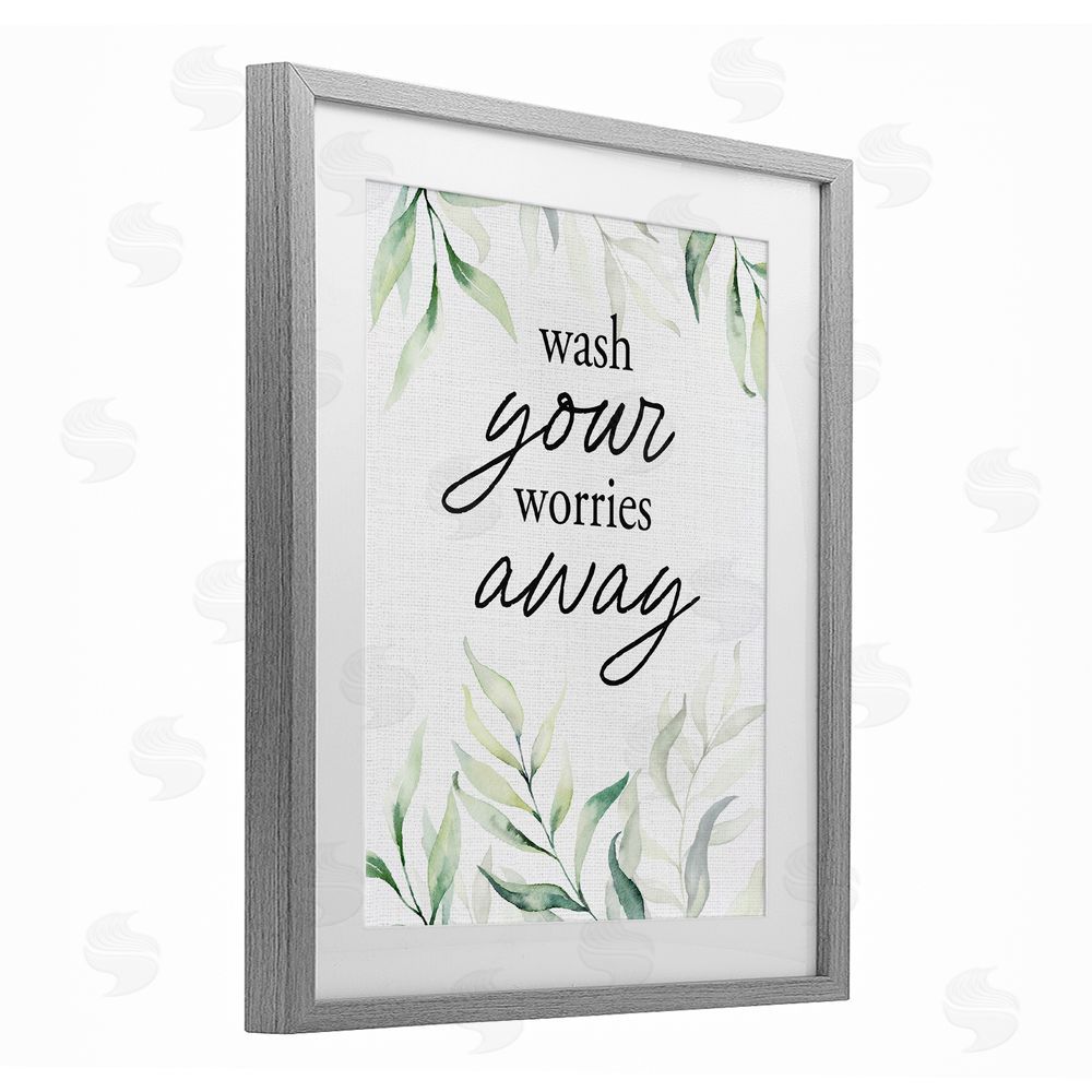 Lettered and Lined Wash Worries Away Leaves Gray Framed Print Under Glass Wall Art