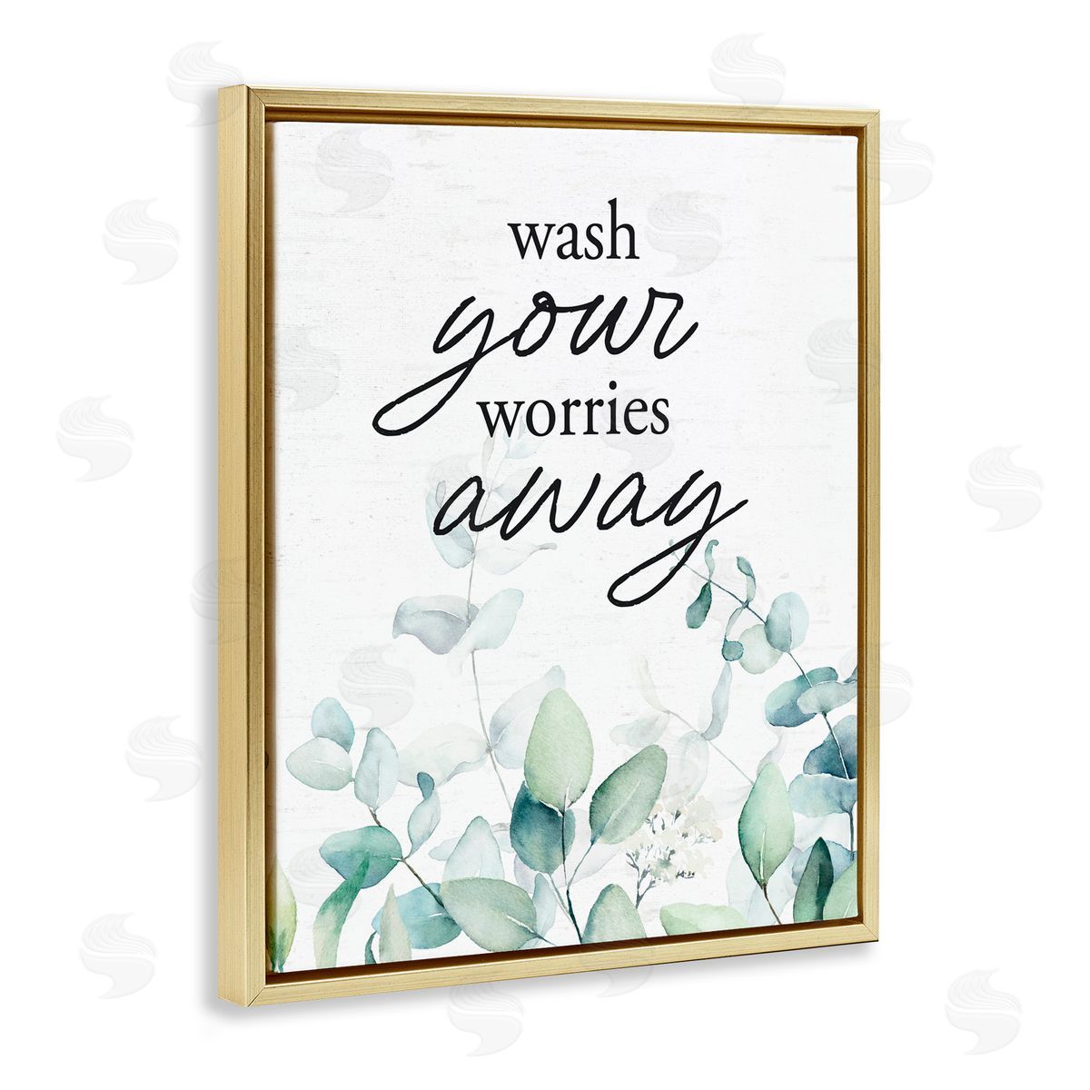 Lettered and Lined Wash Worries Away Herb Leaves Gold Floating Frame Canvas Wall Art Print