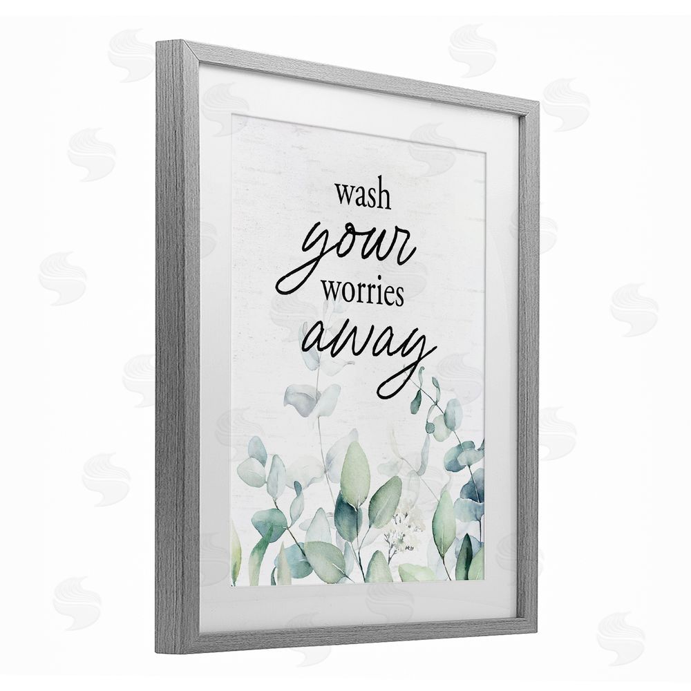 Lettered and Lined Wash Worries Away Herb Leaves Gray Framed Print Under Glass Wall Art