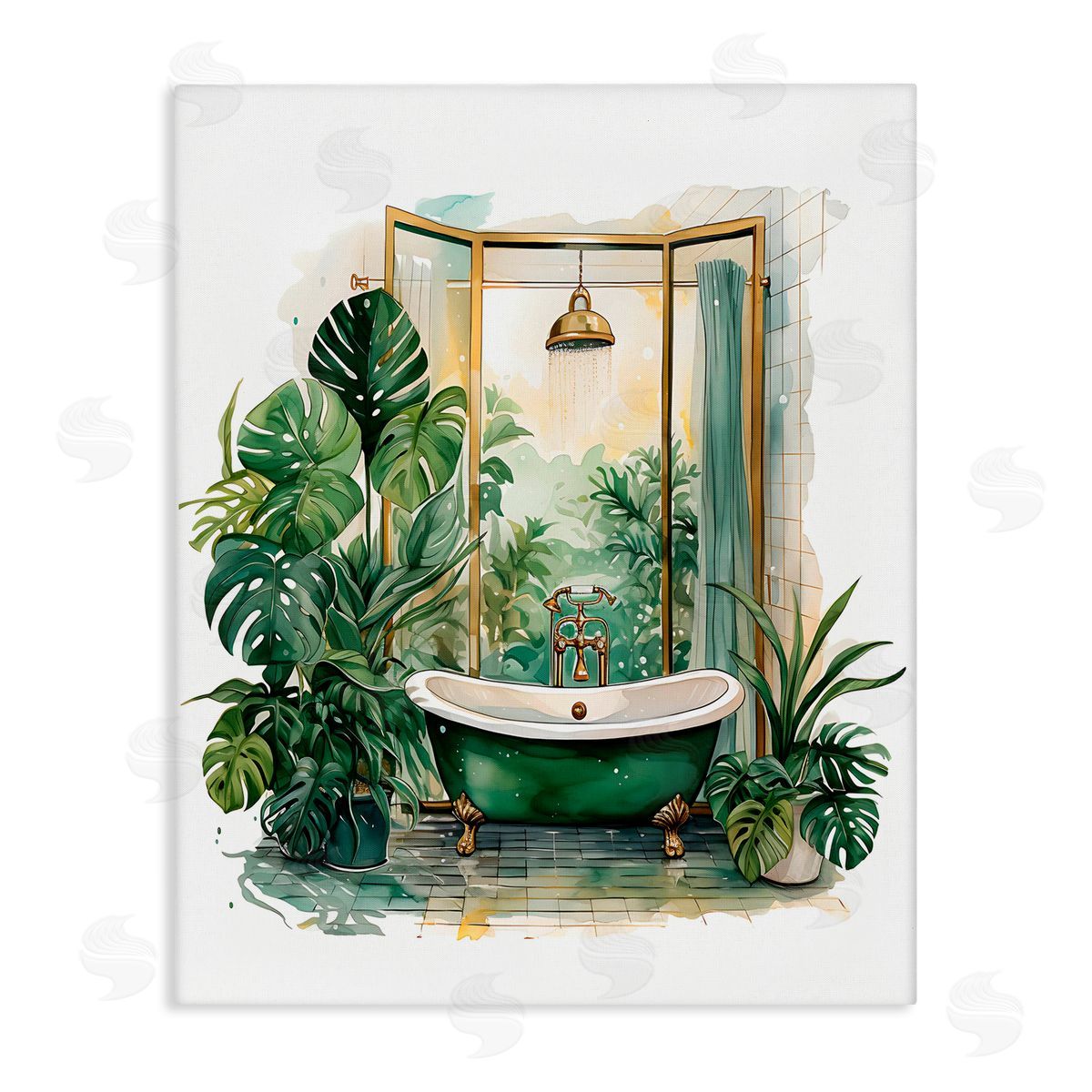 Lettered and Lined Bathtub in Tropical Oasis Stretched Canvas Wall Art Print