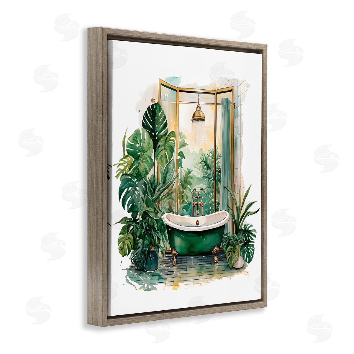 Lettered and Lined Bathtub in Tropical Oasis Brown Floating Frame Canvas Wall Art Print