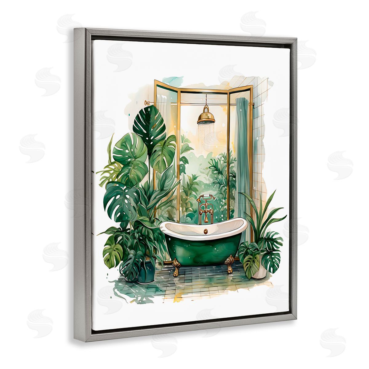 Lettered and Lined Bathtub in Tropical Oasis Gray Floating Frame Canvas Wall Art Print