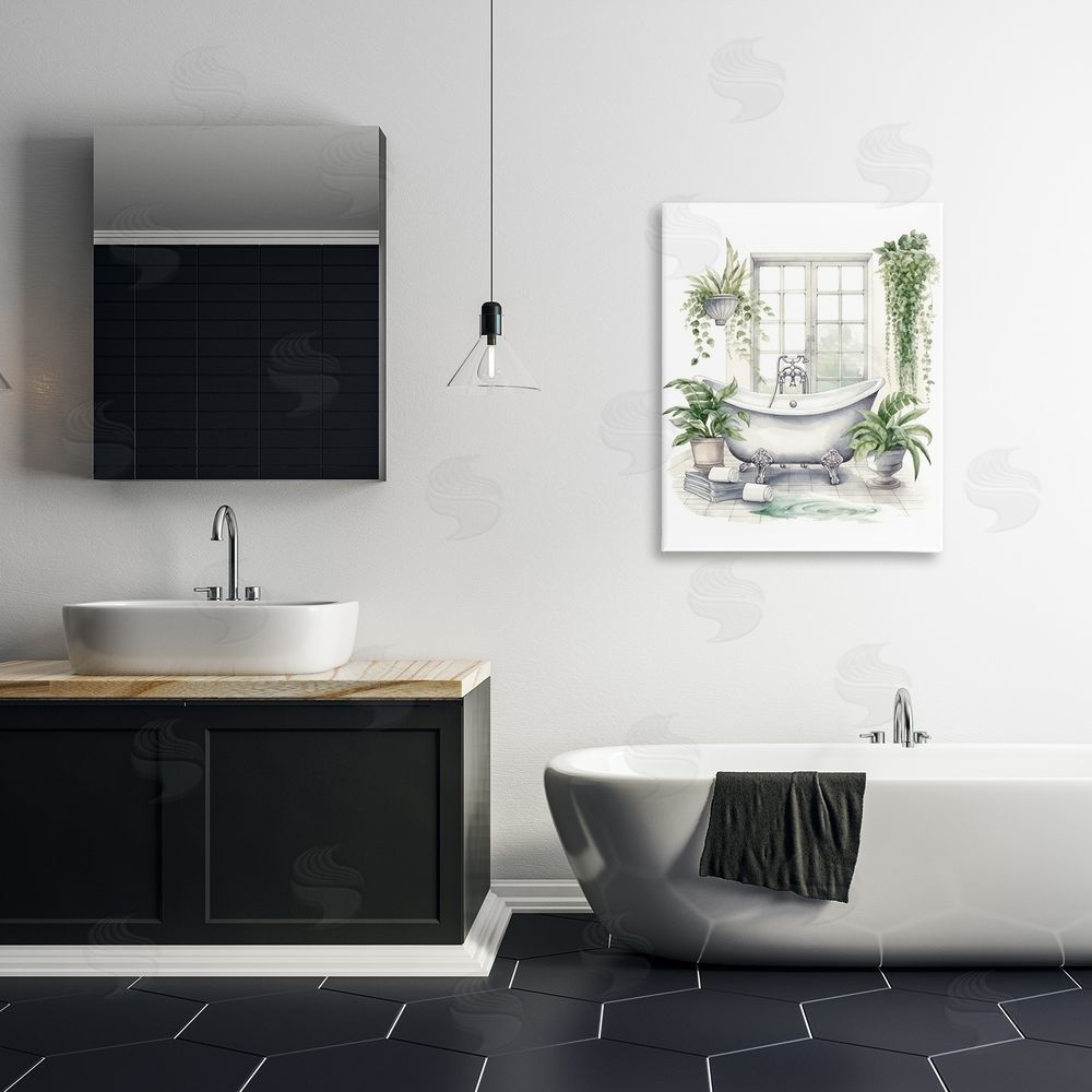 Lettered and Lined Lush Greenery Bathtub & Window Stretched Canvas Wall Art Print in Room