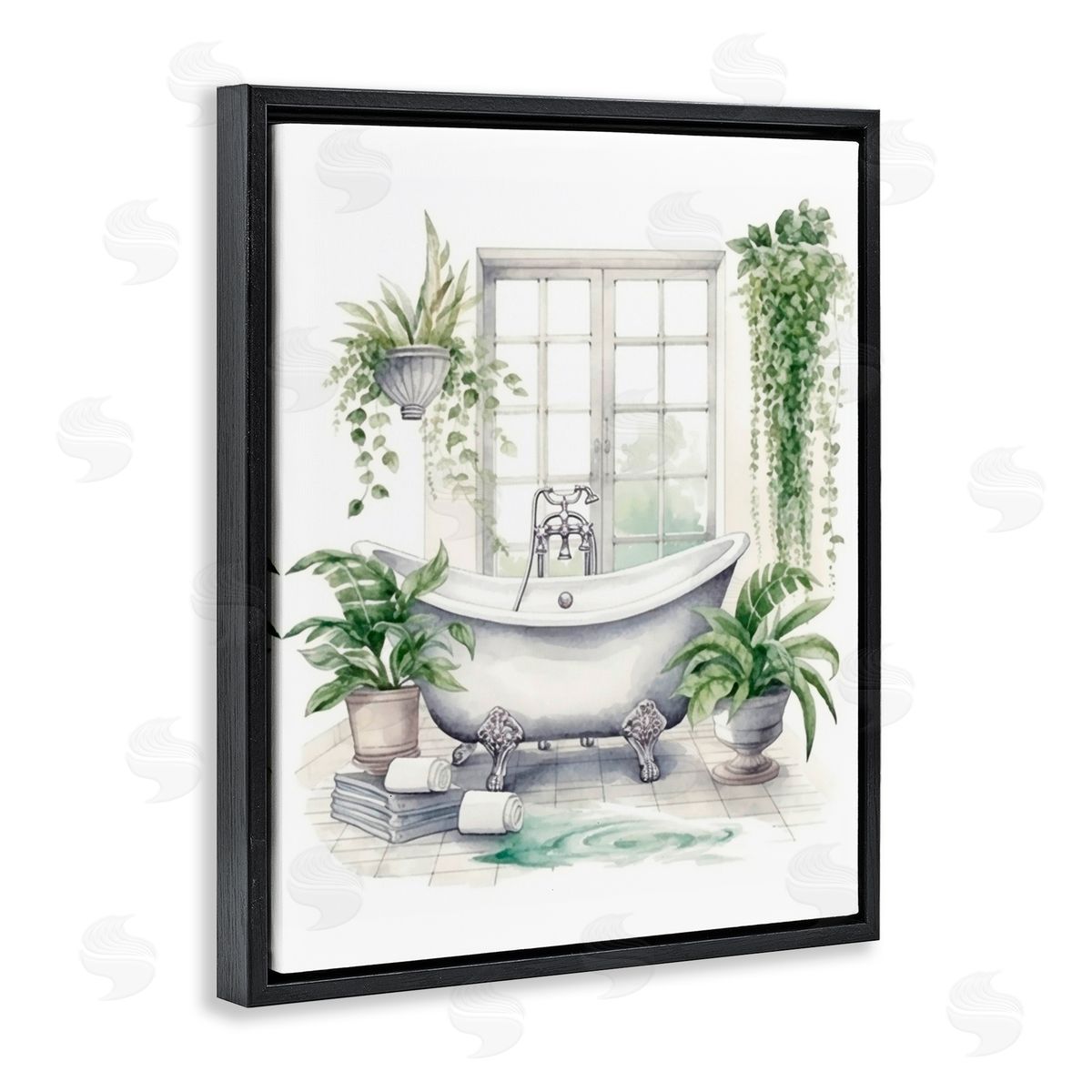 Lettered and Lined Lush Greenery Bathtub & Window Black Floating Frame Canvas Wall Art Print