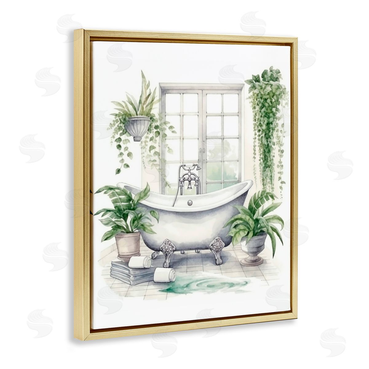 Lettered and Lined Lush Greenery Bathtub & Window Gold Floating Frame Canvas Wall Art Print