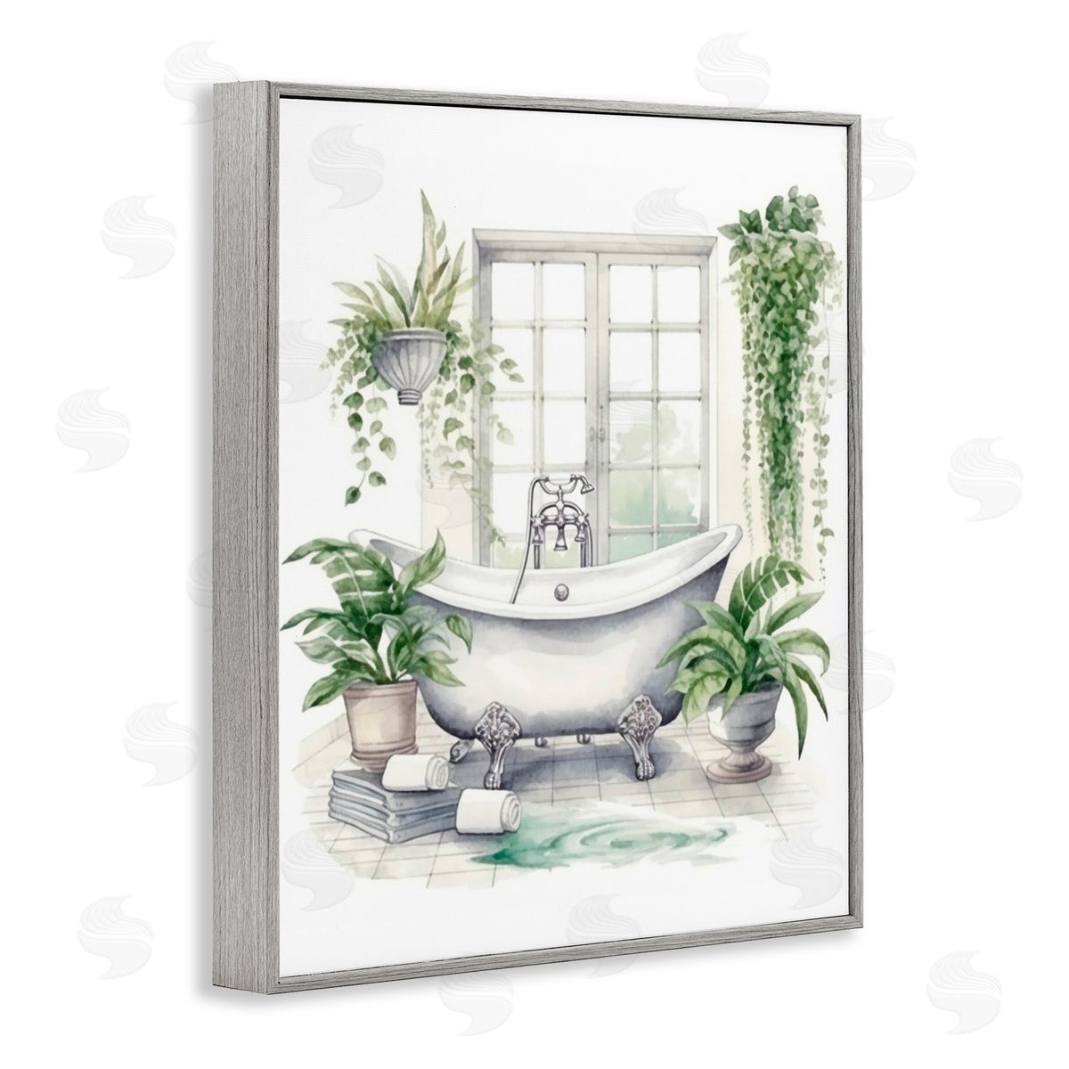 Lettered and Lined Lush Greenery Bathtub & Window Gray Framed Giclee Print Wall Art