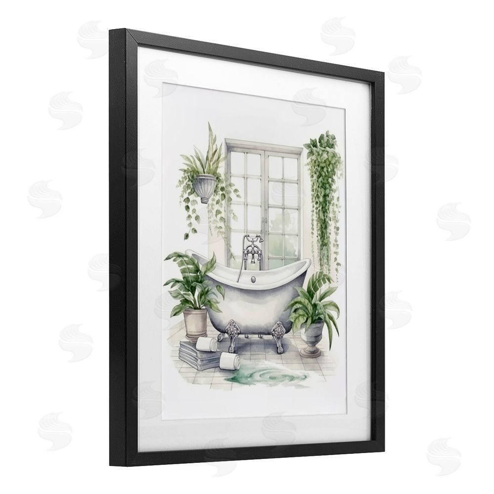 Lettered and Lined Lush Greenery Bathtub & Window Black Framed Print Under Glass Wall Art