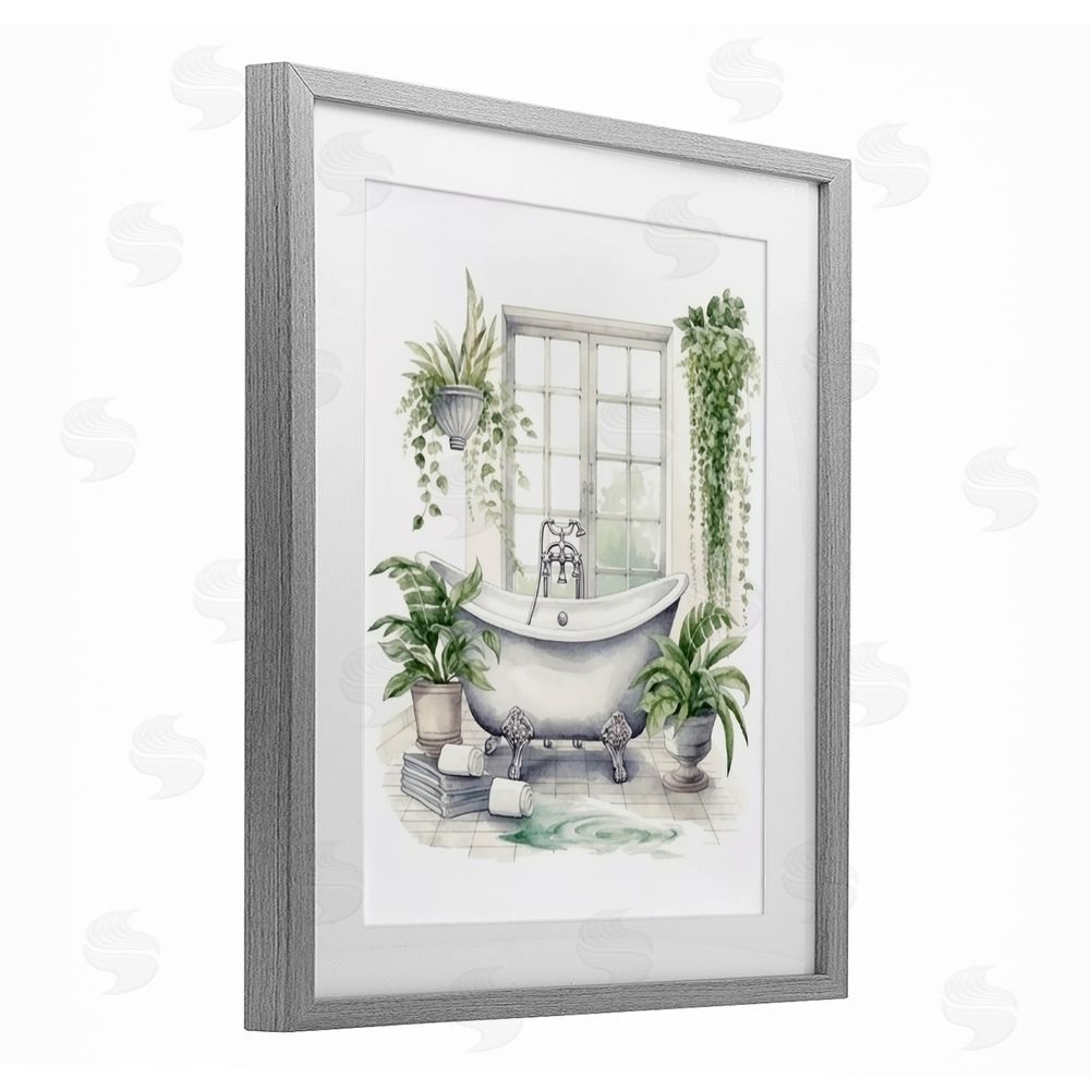 Lettered and Lined Lush Greenery Bathtub & Window Gray Framed Print Under Glass Wall Art