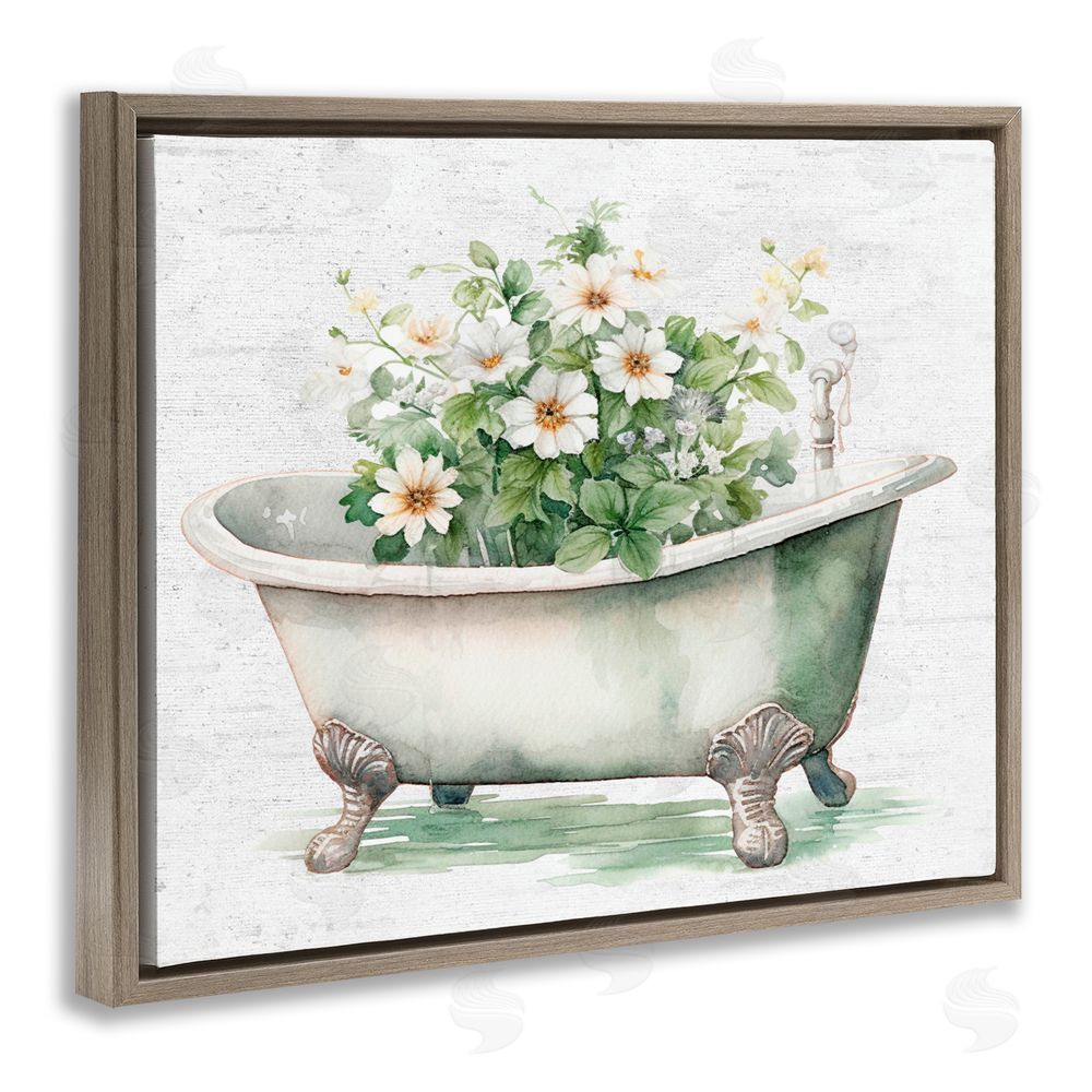 Lettered and Lined Boho Tub with Daisies Brown Floating Frame Canvas Wall Art Print