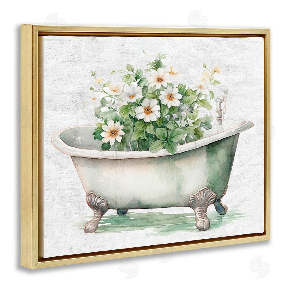 Lettered and Lined Boho Tub with Daisies Gold Floating Frame Canvas Wall Art Print