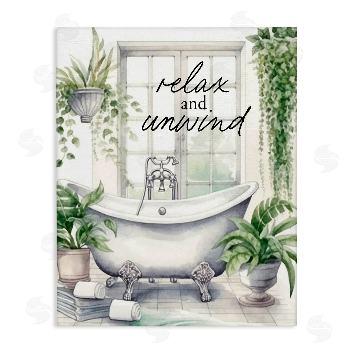 Lettered and Lined Relax Unwind Bath & Foliage Stretched Canvas Wall Art Print