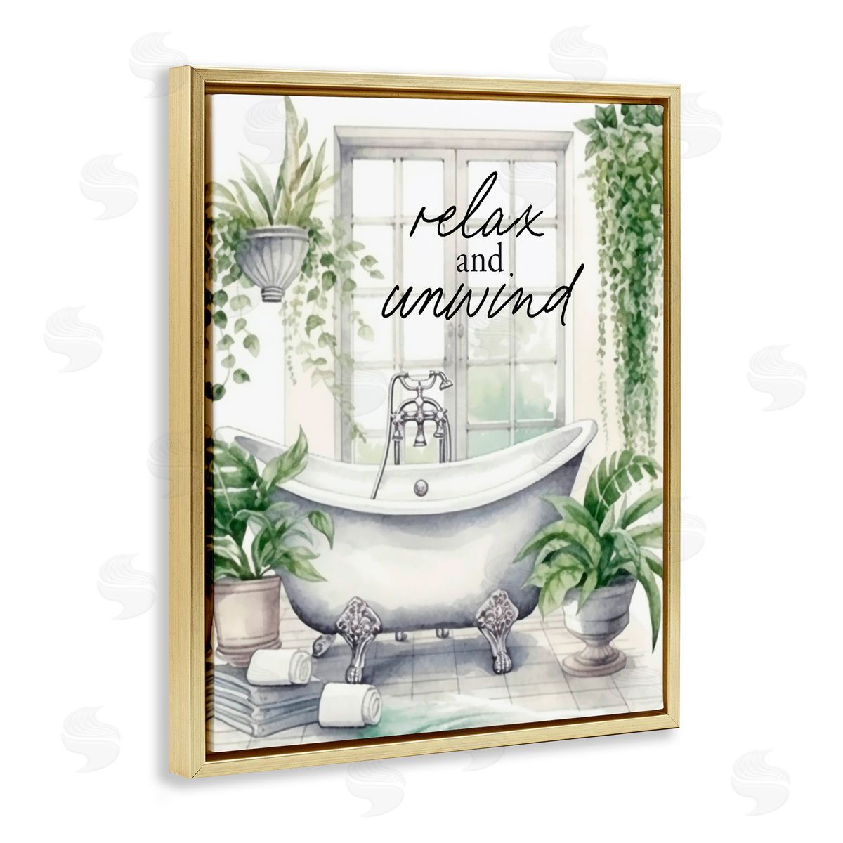 Lettered and Lined Relax Unwind Bath & Foliage Gold Floating Frame Canvas Wall Art Print