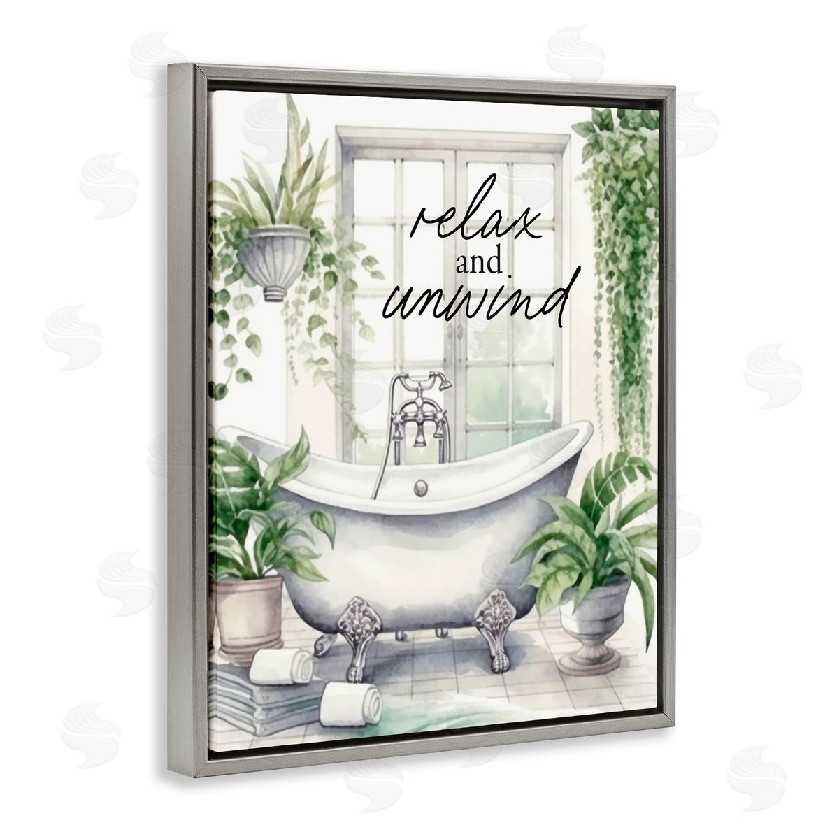 Lettered and Lined Relax Unwind Bath & Foliage Gray Floating Frame Canvas Wall Art Print