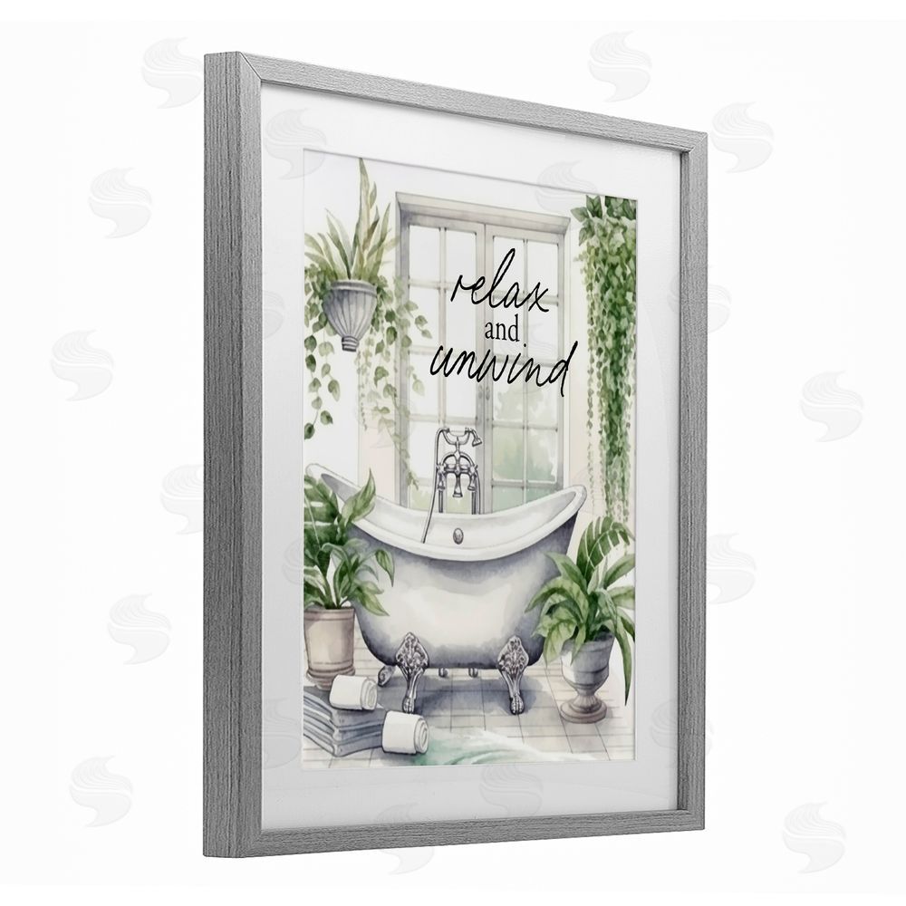 Lettered and Lined Relax Unwind Bath & Foliage Gray Framed Print Under Glass Wall Art