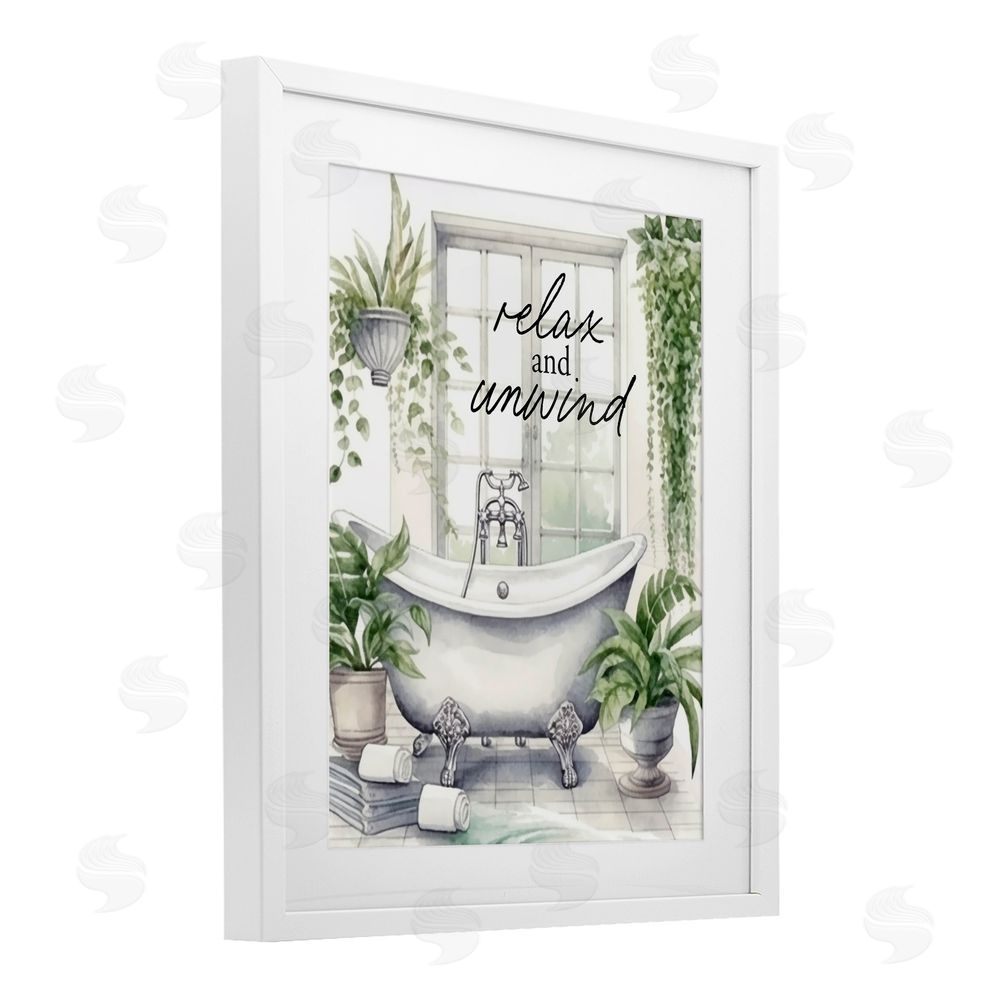 Lettered and Lined Relax Unwind Bath & Foliage White Framed Print Under Glass Wall Art