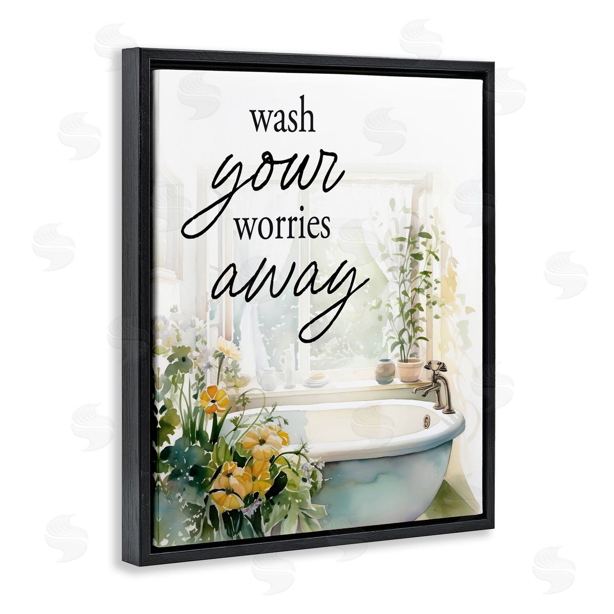 Lettered and Lined Wash Worries Away Sunlit Bath Black Floating Frame Canvas Wall Art Print