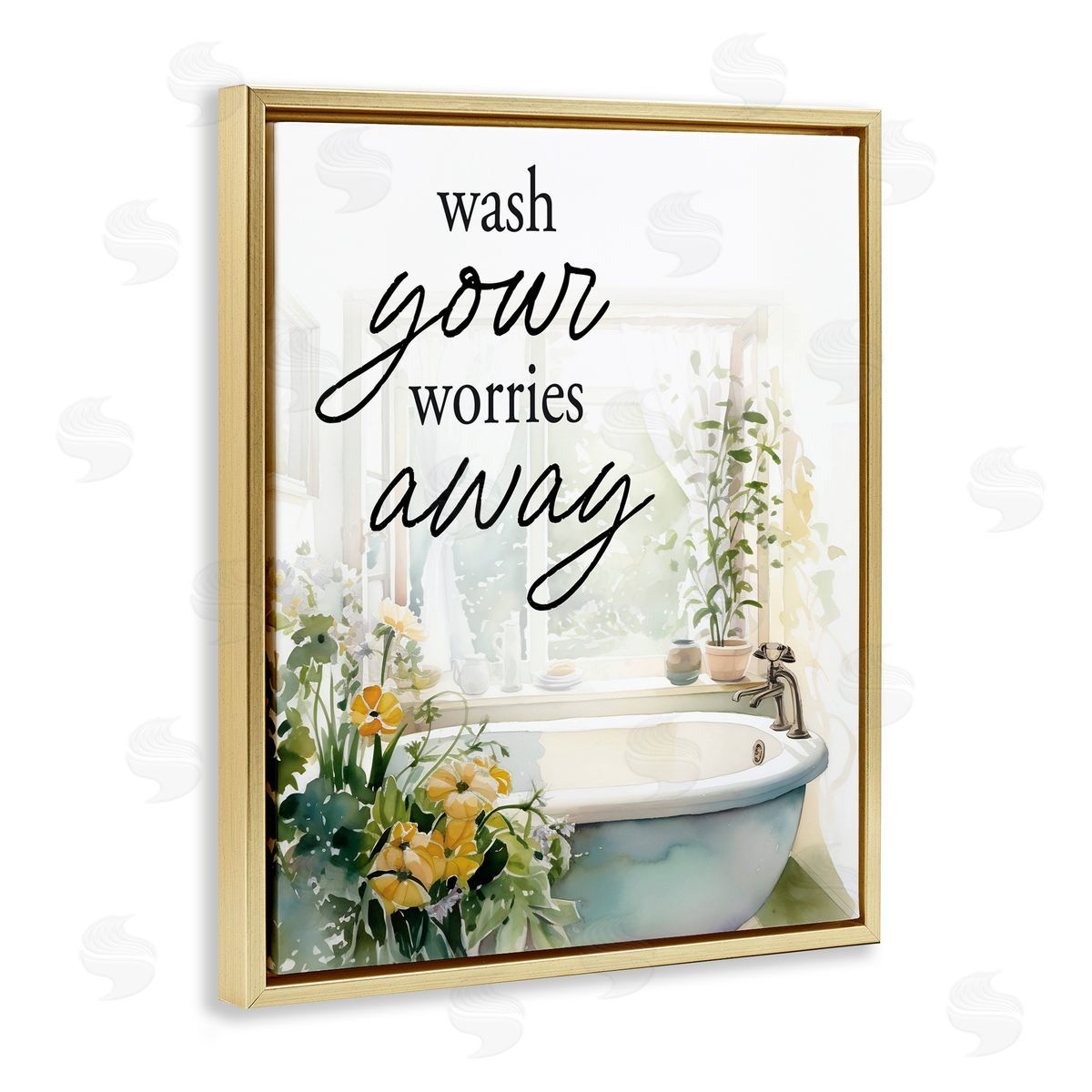Lettered and Lined Wash Worries Away Sunlit Bath Gold Floating Frame Canvas Wall Art Print
