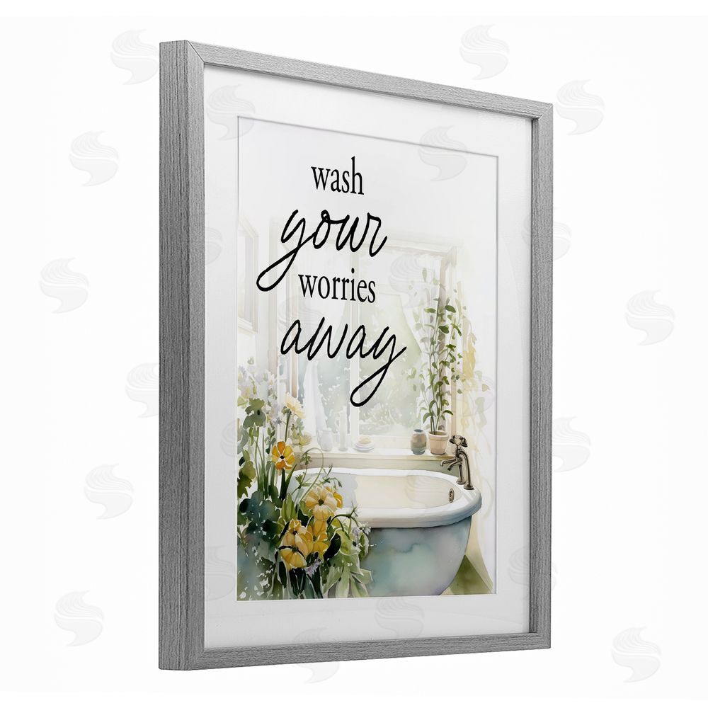Lettered and Lined Wash Worries Away Sunlit Bath Gray Framed Print Under Glass Wall Art