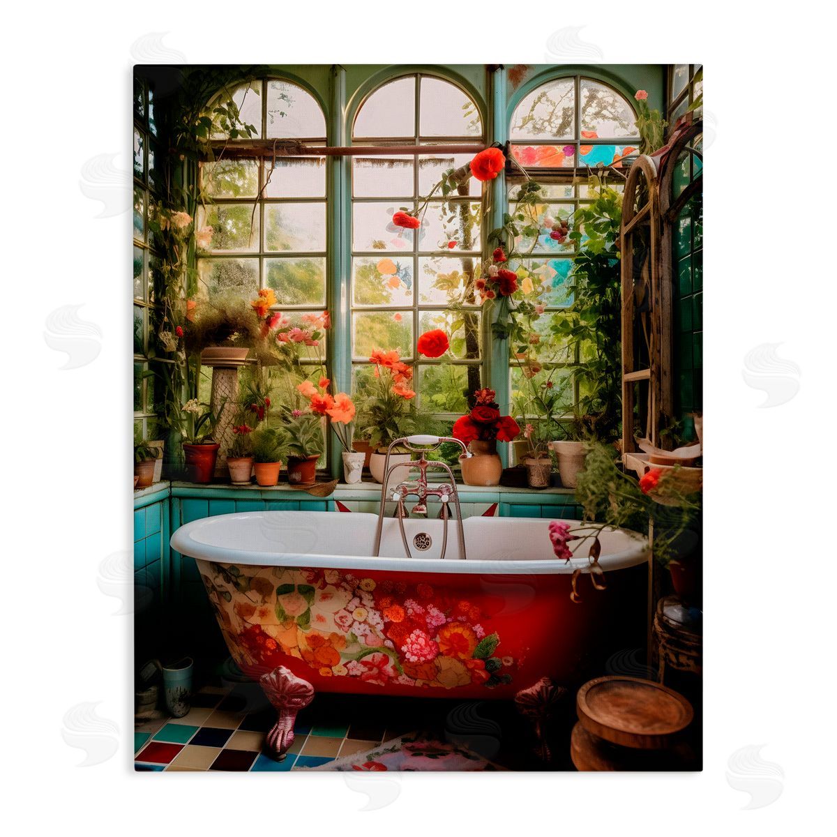 Lettered and Lined Floral Sunroom Tub Stretched Canvas Wall Art Print