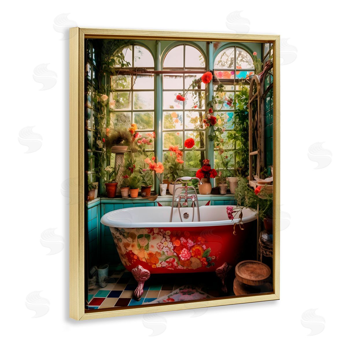 Lettered and Lined Floral Sunroom Tub Gold Floating Frame Canvas Wall Art Print