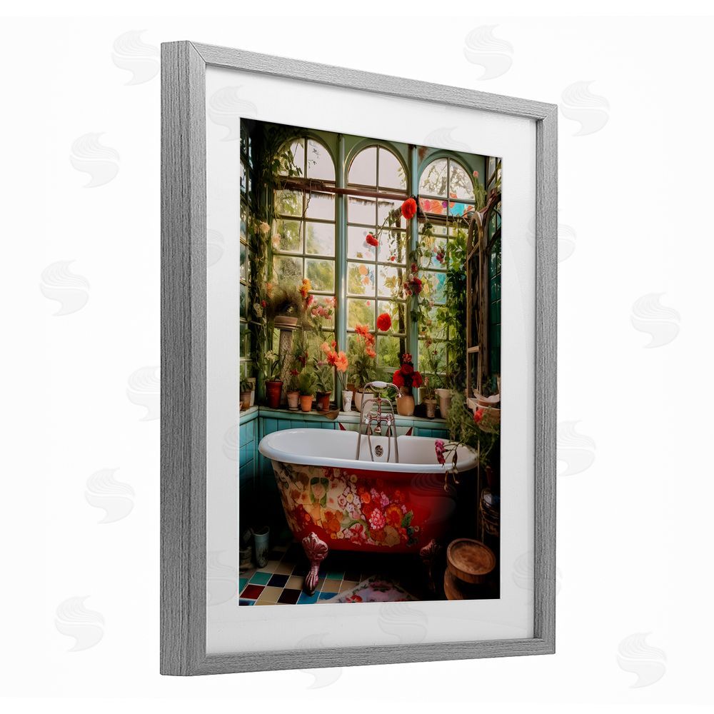 Lettered and Lined Floral Sunroom Tub Gray Framed Print Under Glass Wall Art