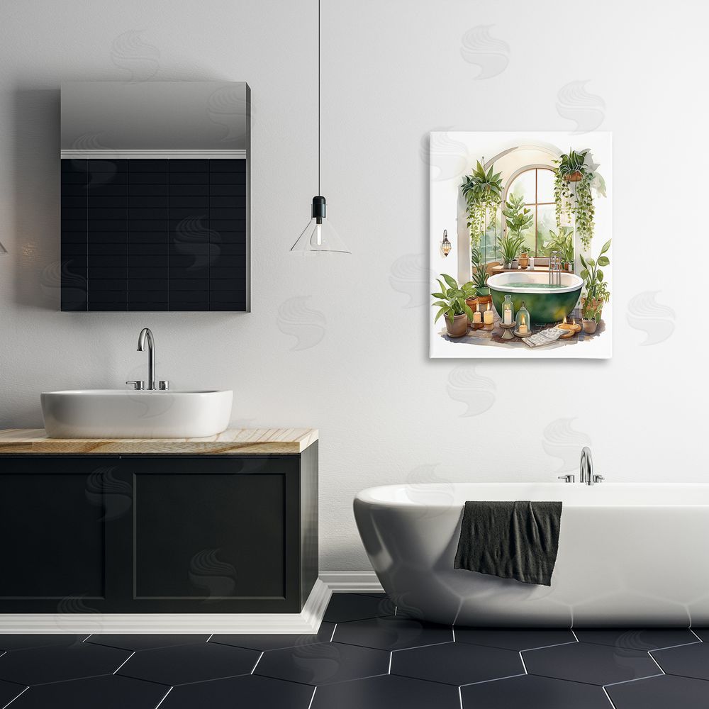 Lettered and Lined Tranquil Tub with Candles & Greenery Stretched Canvas Wall Art Print in Room