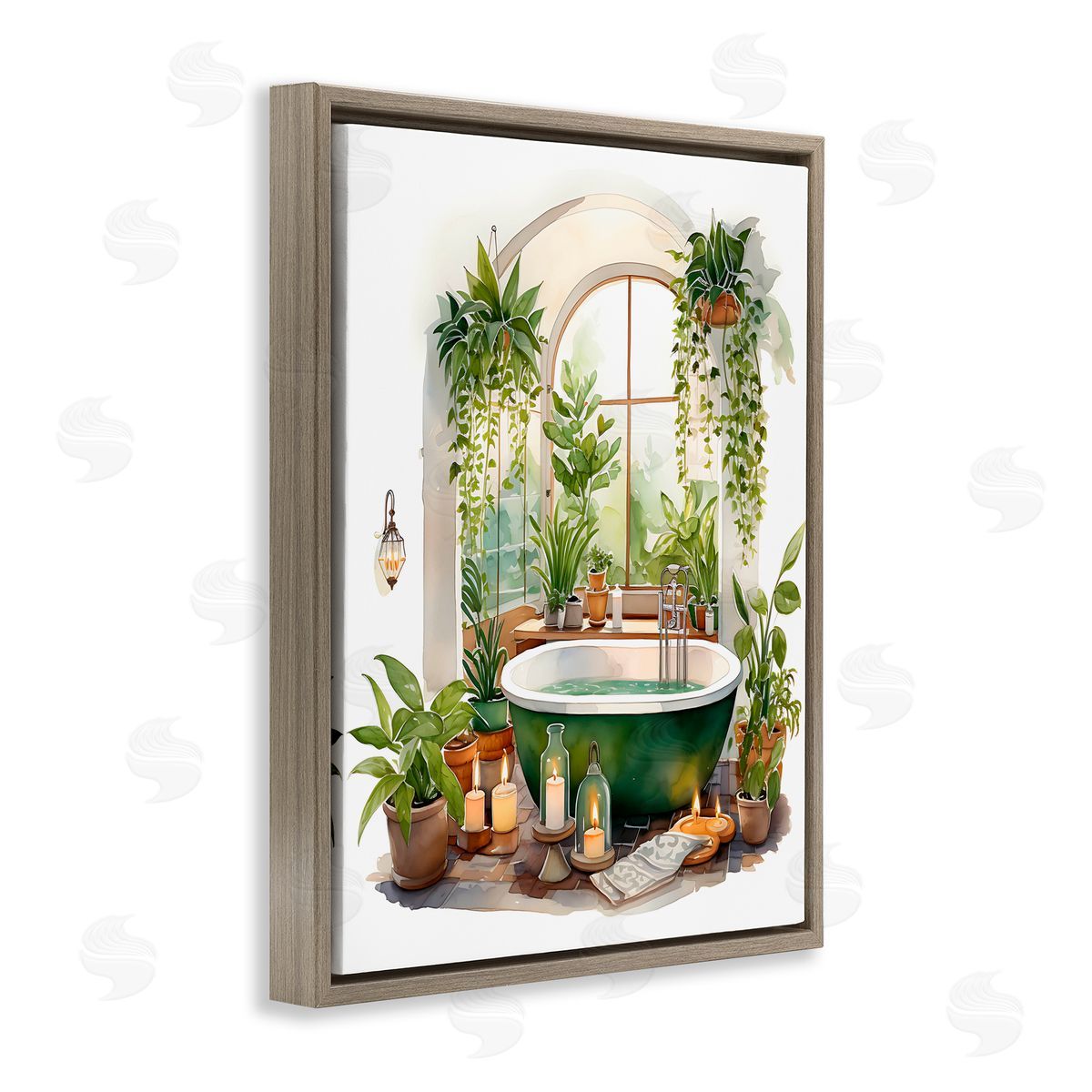 Lettered and Lined Tranquil Tub with Candles & Greenery Brown Floating Frame Canvas Wall Art Print