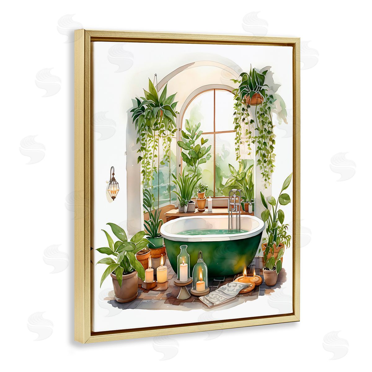 Lettered and Lined Tranquil Tub with Candles & Greenery Gold Floating Frame Canvas Wall Art Print
