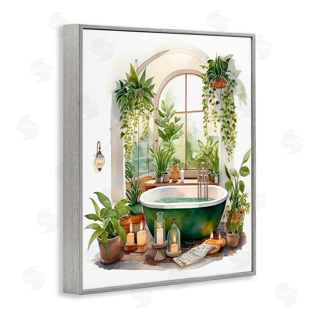 Lettered and Lined Tranquil Tub with Candles & Greenery Gray Framed Giclee Print Wall Art