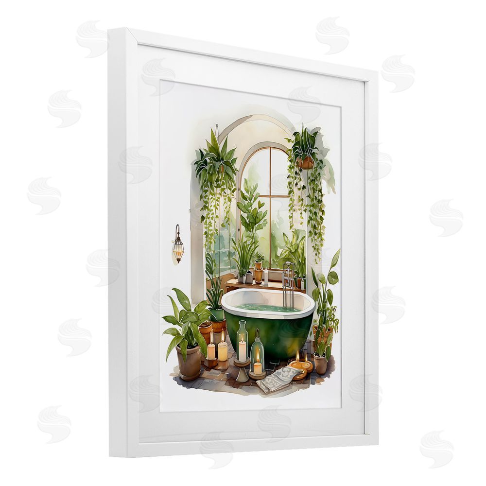 Lettered and Lined Tranquil Tub with Candles & Greenery White Framed Print Under Glass Wall Art