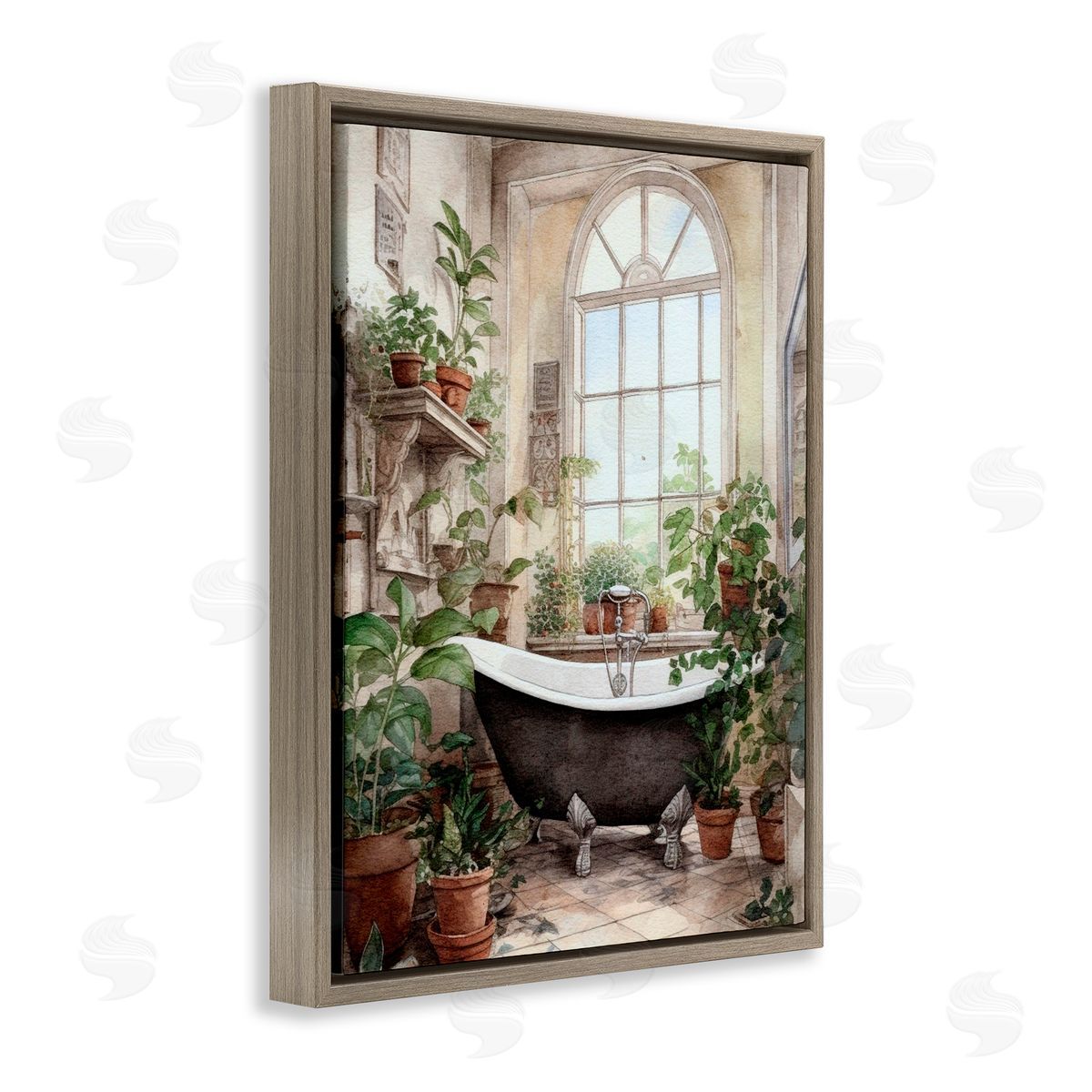 Lettered and Lined Vintage Sun Lit Bathtub Brown Floating Frame Canvas Wall Art Print