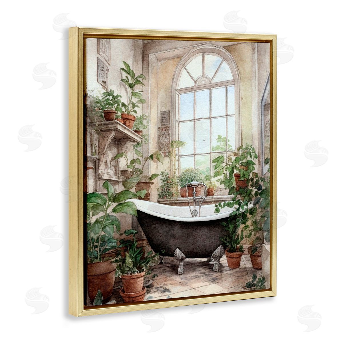 Lettered and Lined Vintage Sun Lit Bathtub Gold Floating Frame Canvas Wall Art Print