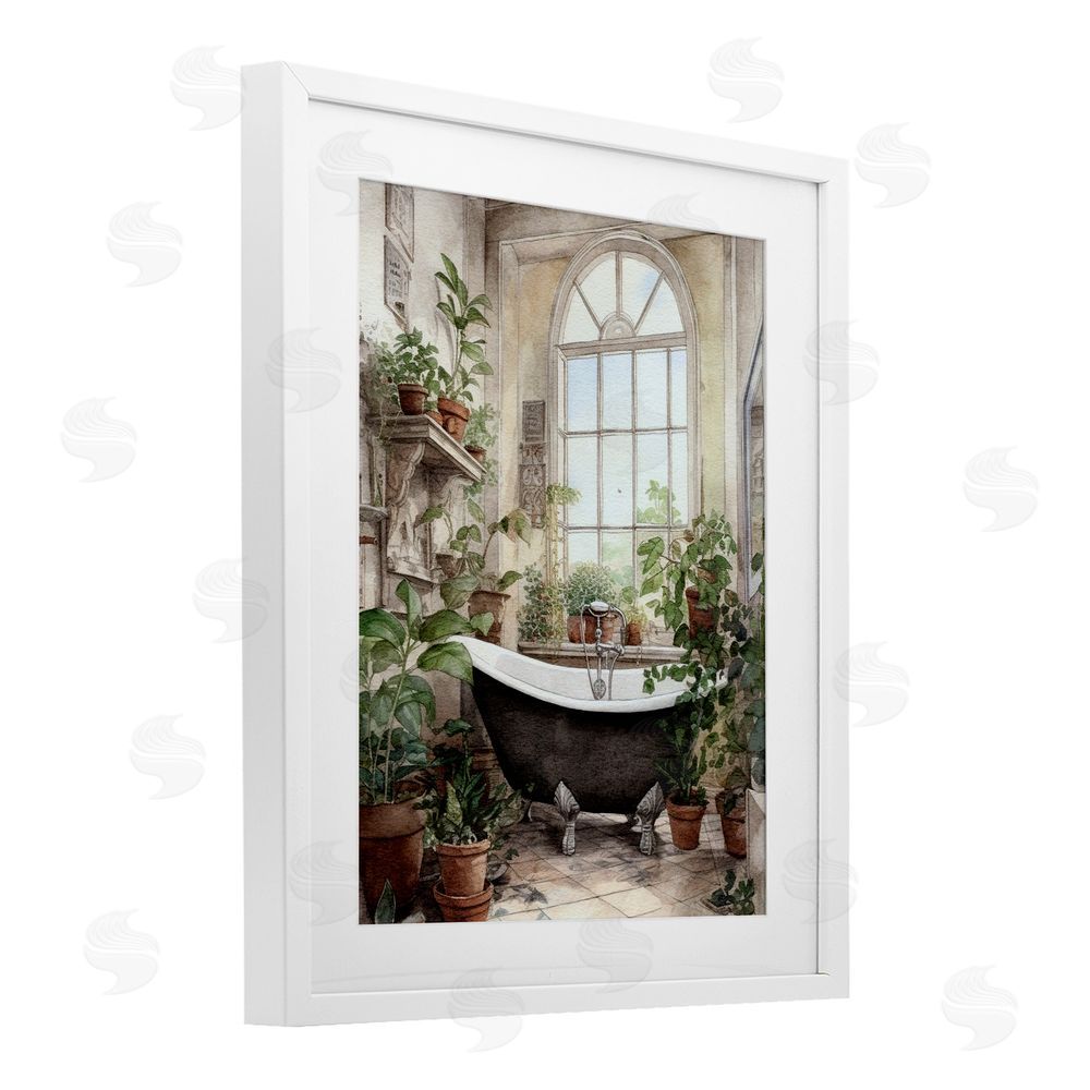 Lettered and Lined Vintage Sun Lit Bathtub White Framed Print Under Glass Wall Art