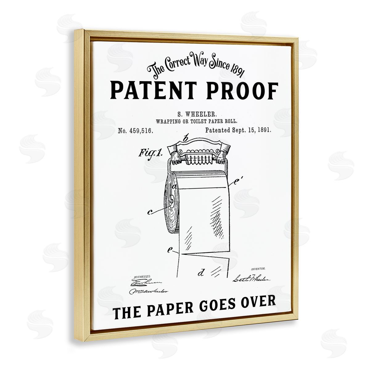 Lettered and Lined Toilet Paper Goes Over Gold Floating Frame Canvas Wall Art Print