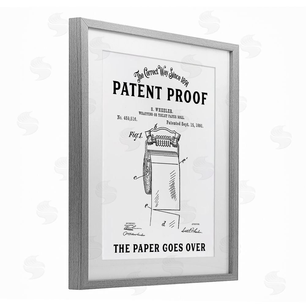 Lettered and Lined Toilet Paper Goes Over Gray Framed Print Under Glass Wall Art