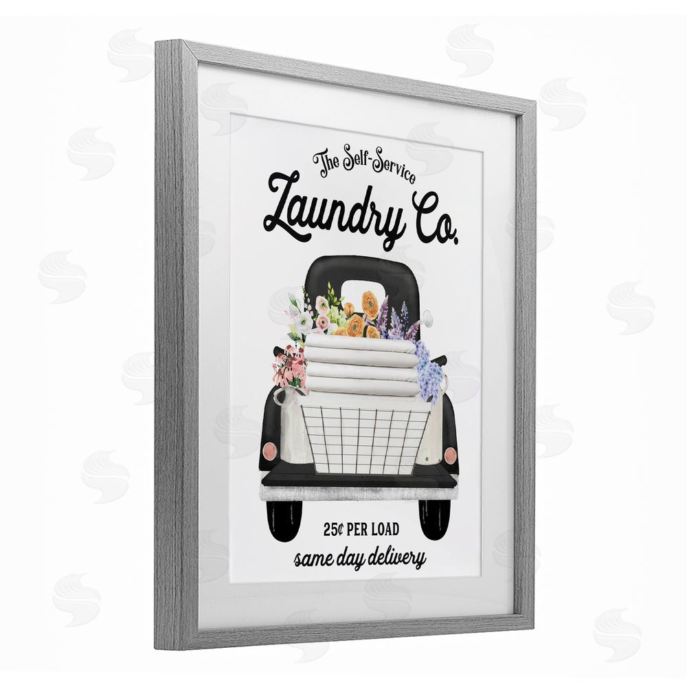 Lettered and Lined Laundry Service Truck Gray Framed Print Under Glass Wall Art
