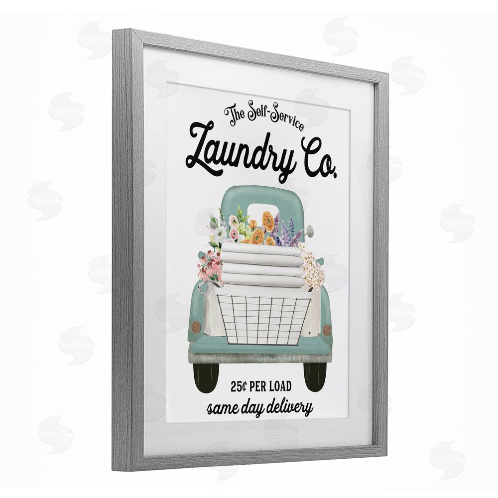 Lettered and Lined Laundry Delivery Truck Gray Framed Print Under Glass Wall Art